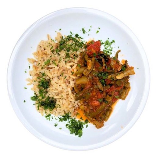 Grüne Bohnen in Tomatensoße dazu türkischer Reis